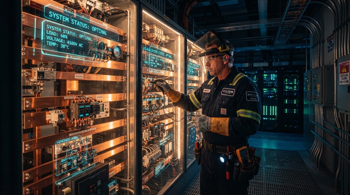 A master electrician dressed in heavy industrial flame-resistant protective equipment carefully inspects a glowing illuminated switchgear distribution panel inside a dark enterprise server room.
